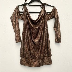 Shiny Animal Cheetah print top long sleeves shoulder cut out in bronze & black